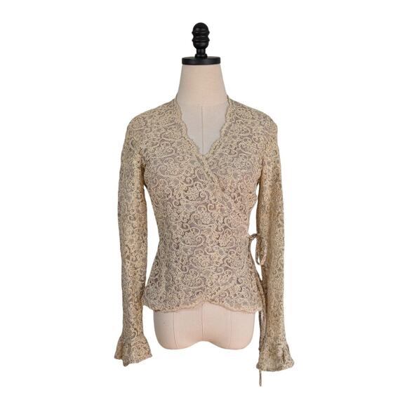 Vintage Lace Wrap Top Gold 6 Sheer Classic Glam Elegant 90s Whimsigoth Holiday - Picture 1 of 12